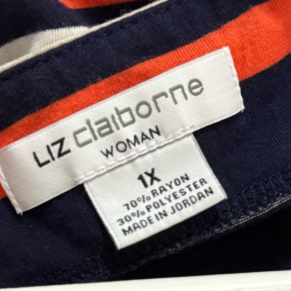 Liz Claiborne Navy/Orange Striped Boat Neck 3/4 Sleeves Size 1X Minimalist - Picture 7 of 8